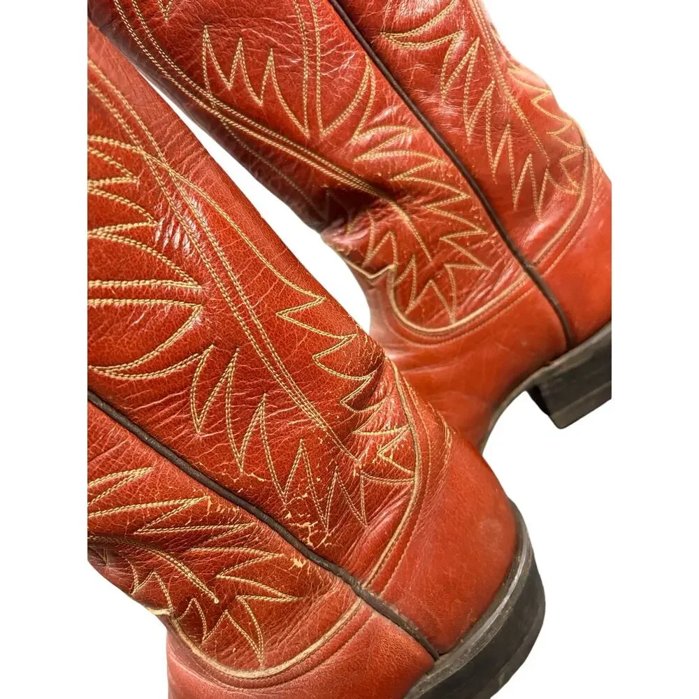 Tony Lama Cowboy Boot Cognac Distressed Leather USA Western Heritage Vintage 9.5